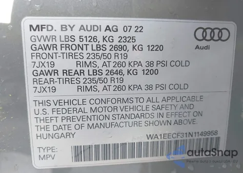 2022 Audi Q3 Premium Plus 45 Tfsi S Line Quattro Tiptronic z USA, uszkodzony, nr VIN WA1EECF31N1149958